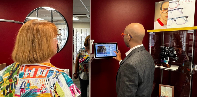 Mohamed Kasmani using the Visioffice technology at Feltham Eyecare Centre, taking patient measurements for their new eyewear