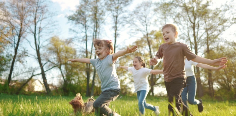 A group of children running in the park with a small dog