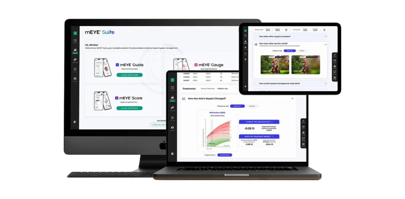 A graphic showing mEYE Suite software on various digital devices which is used to monitor the progression of myopia and share information with parents